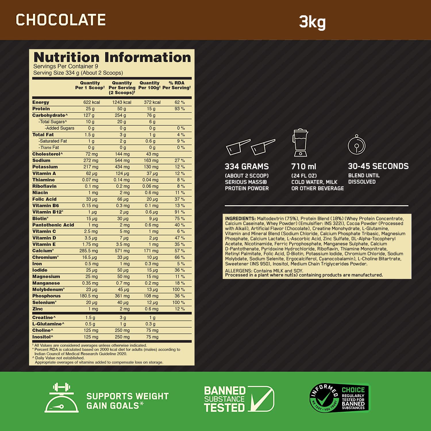 Optimum Nutrition (ON) Serious Mass Chocolate 3 kg