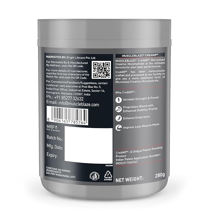 MuscleBlaze Creatine Monohydrate CreAMP, Trustified Certified Creatine (Unflavoured, 250g