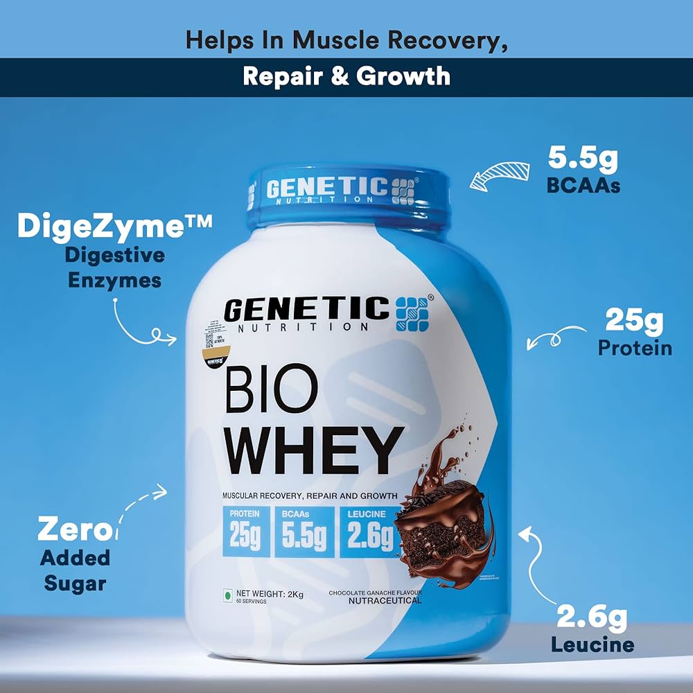 Genetic Nutrition Bio Whey Protein Powder for Muscle Recovery and Growth (Chocolate Ganache, 1kg)