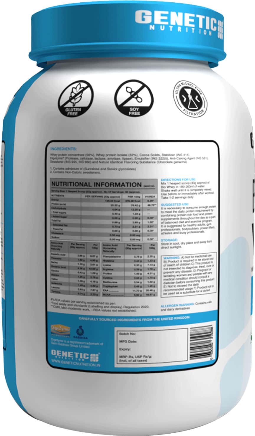 Genetic Nutrition Bio Whey Protein Powder for Muscle Recovery and Growth (Chocolate Ganache, 1kg)